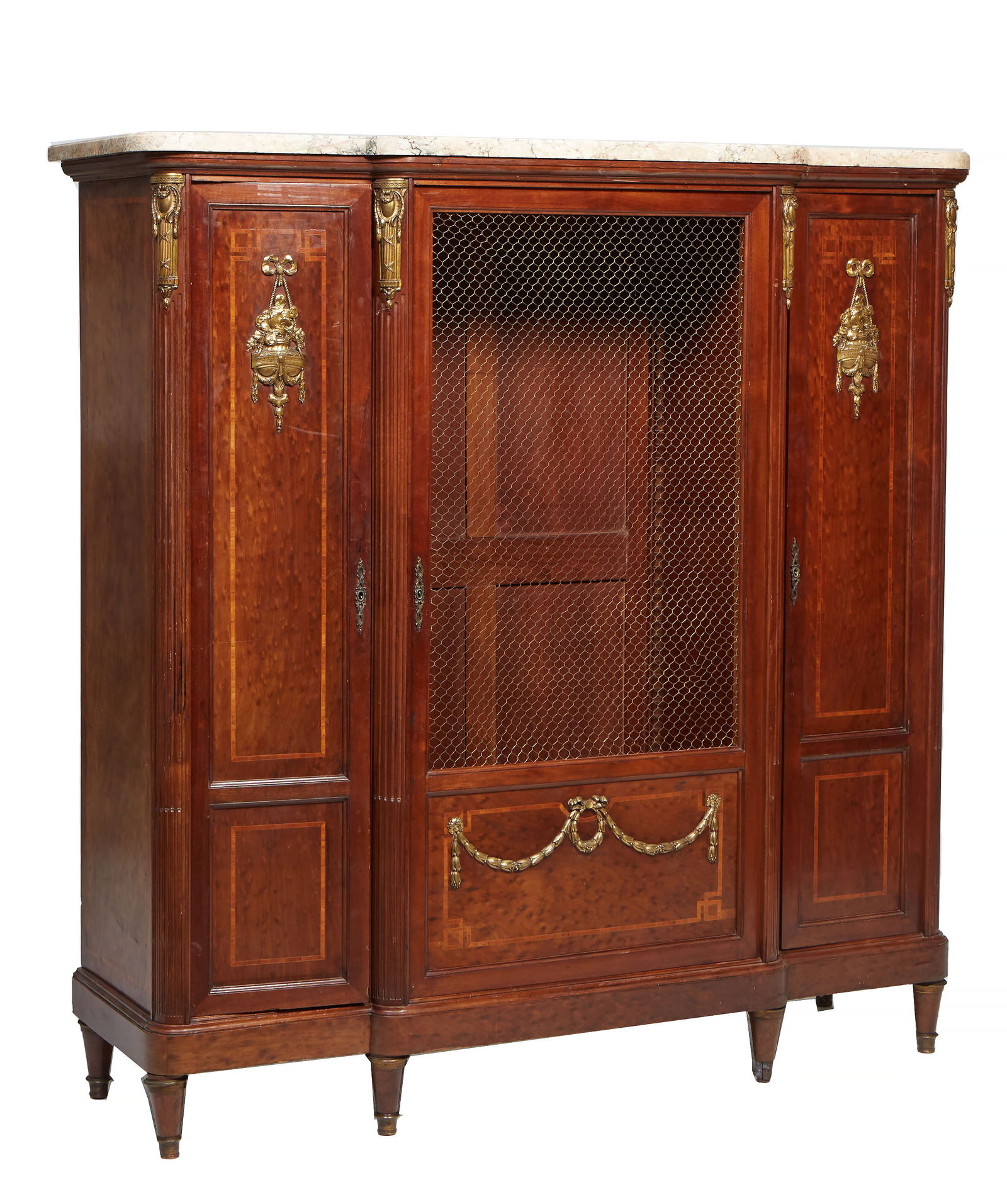 French Louis XVI Style Inlaid Carved Walnut Ormolu Mounted Marble Top Bookcase, early 20th c., H.- (1 of 1)