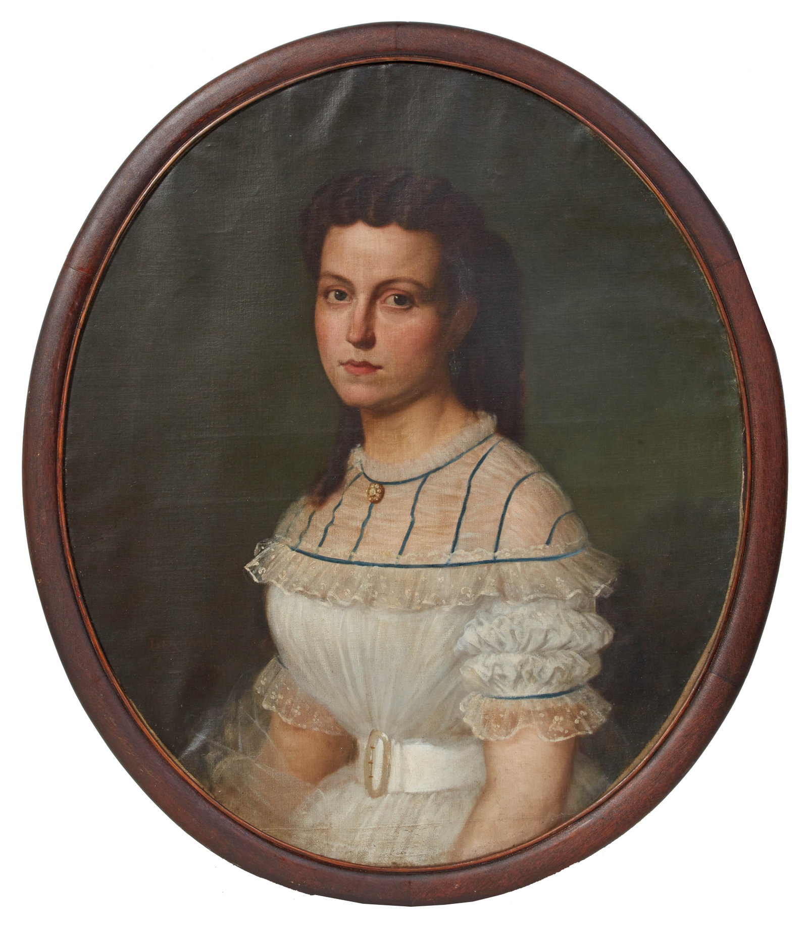 Francois Bernard (French/Louisiana, 1812-1875), "Portrait of a Young Woman," 1869, H.- 29 3/4 in.,: Francois Bernard (French/Louisiana, 1812-1875), "Portrait of a Young Woman," 1869, oil on linen, signed and dated lower left, presented in a period oval wood frame, H.- 29 3/4 in., W.- 24 3/4 in., Fra