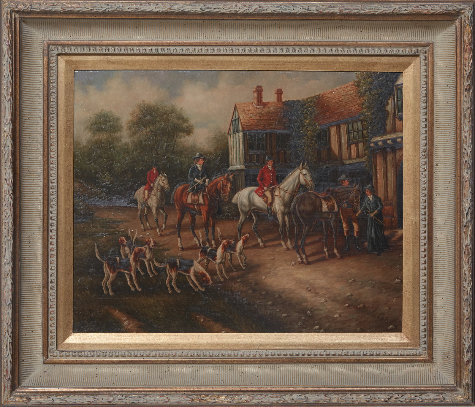 Continental School, Two Hunting Scenes, 19th c., Smaller- H.- 8 1/4 in., W.- 10 1/2 in., Framed- H.- (1 of 8)
