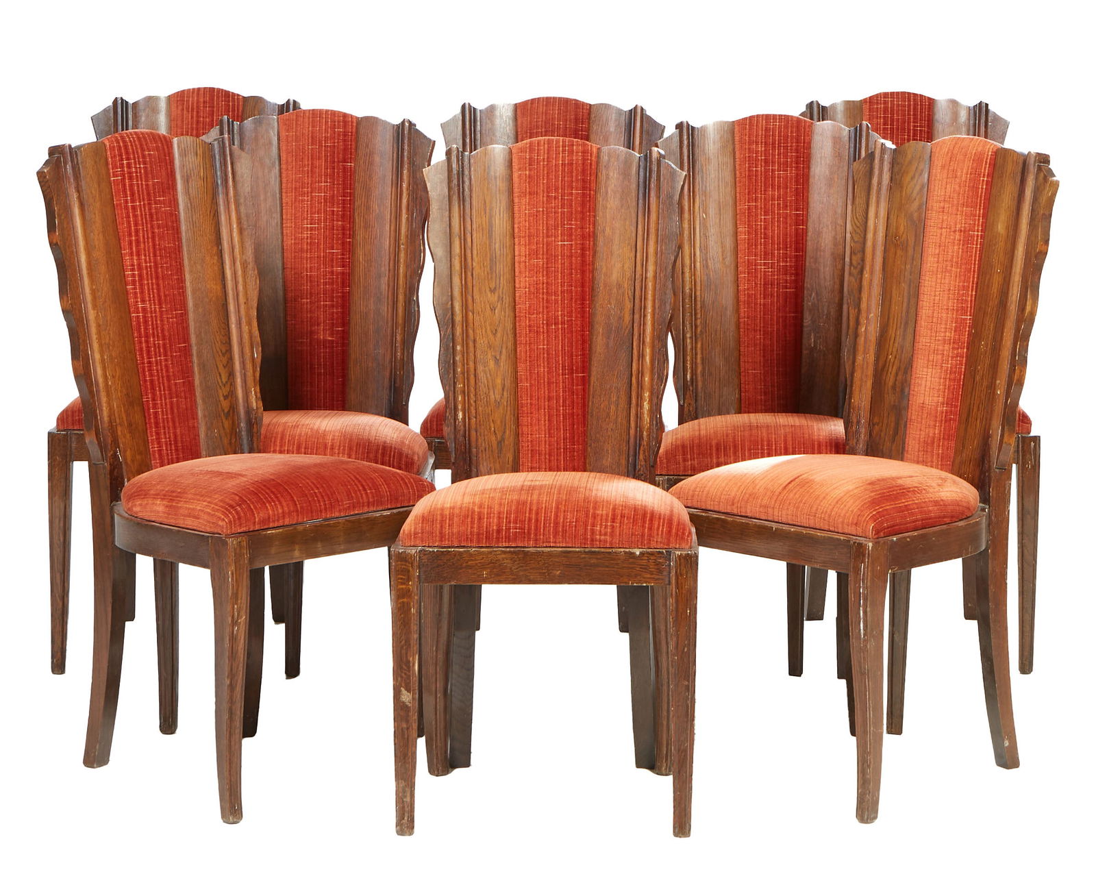 Set of Eight French Oak Art Nouveau Dining Chairs, H.- 38 1/2 in., W.- 17 1/2 in., D.- 20 1/2 in., (1 of 2)