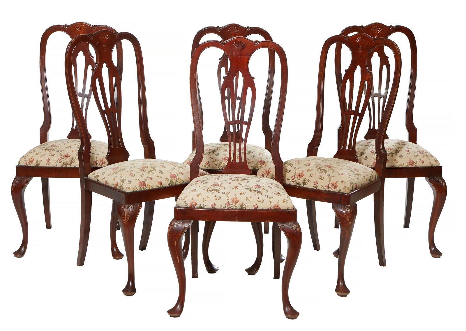 Set of Six Queen Anne Style Dining Chairs, 20th c., H.- 41 in., W.- 20 in., D.- 19 in. (6 Pcs.) (1 of 2)