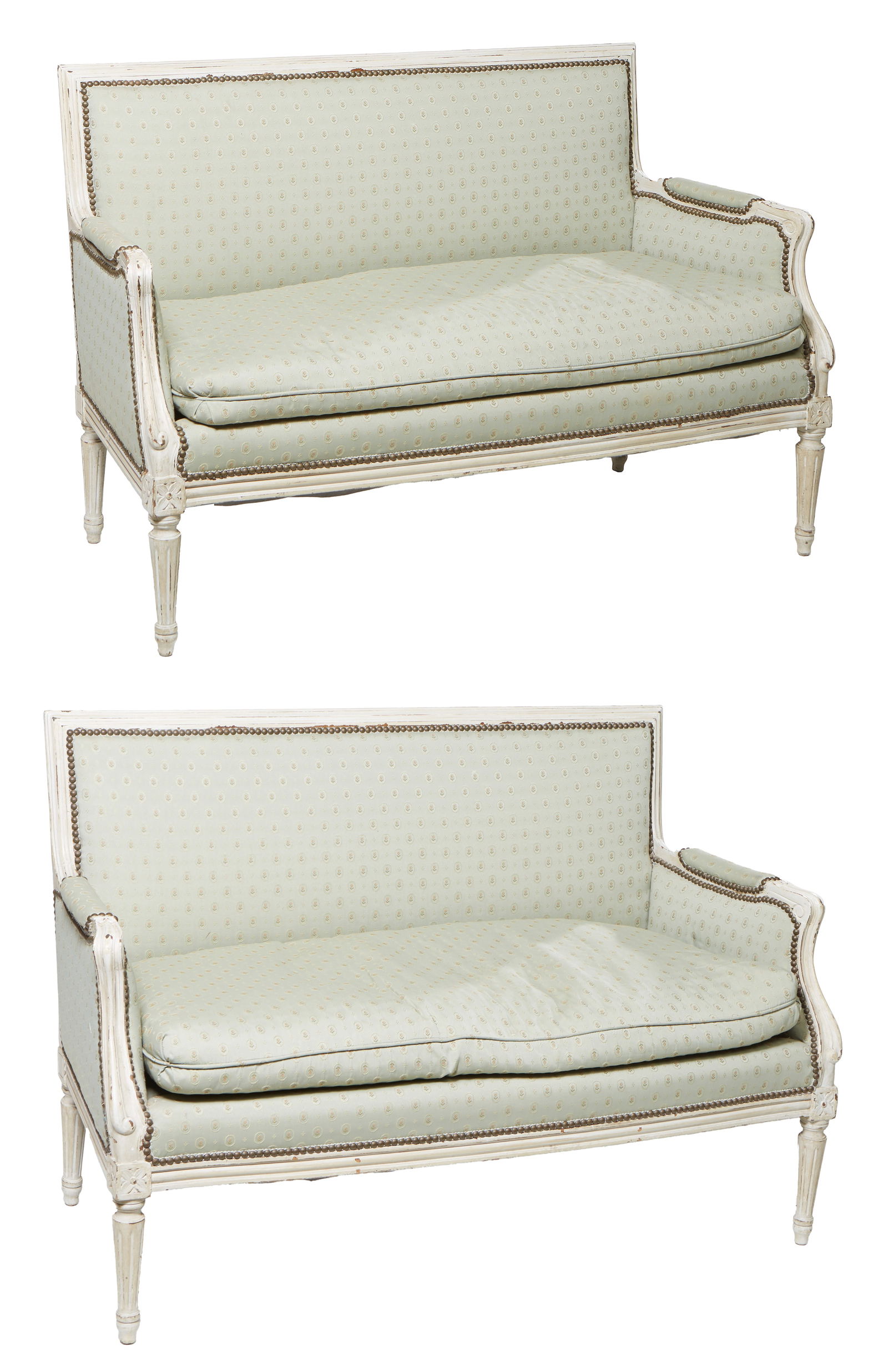 Pair of Louis XVI Style Polychromed Settees, H.- 34 in., W.- 51 in., D.- 23 in. (2 Pcs.): Pair of Louis XVI Style Polychromed Settees, cream painted, silk upholstery, square molded back, padded arms, tapered fluted legs, H.- 34 in., W.- 51 in., D.- 23 in. (2 Pcs.)