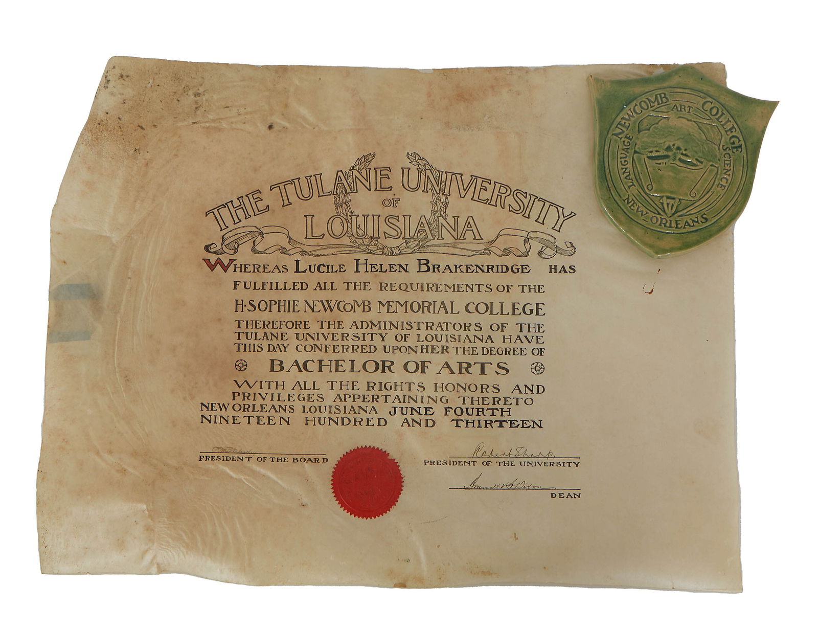 Newcomb College Diploma and Pottery Plaque, early 20th c., Shield- H.- 6 7/8 in., W.- 6 1/8 in., D.- (1 of 6)