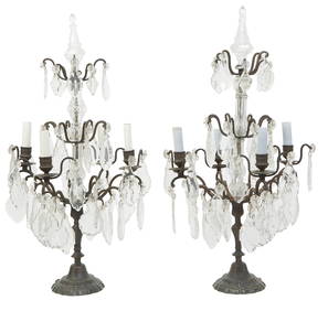Pair of Bronze and Cut Crystal Four-Light Girandole Lamps, 20th c., H.- 28 in., Dia.- 13 in. (2 Pcs. (1 of 1)