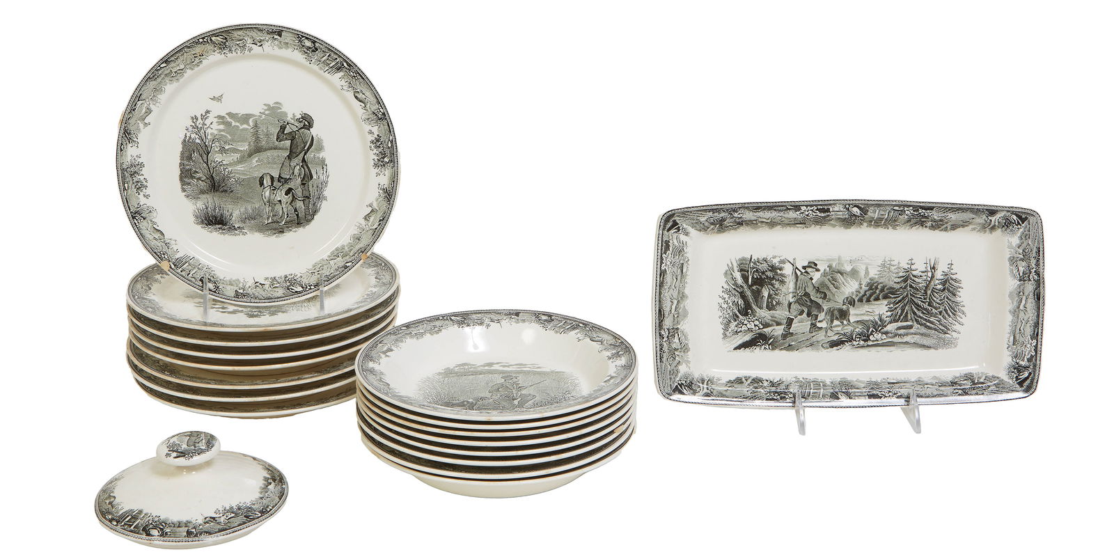 Eighteen Piece Set of German Hunter Themed Transferware, 20th c., Dinner- Dia.- 9 1/8 in., Bowls- (1 of 5)