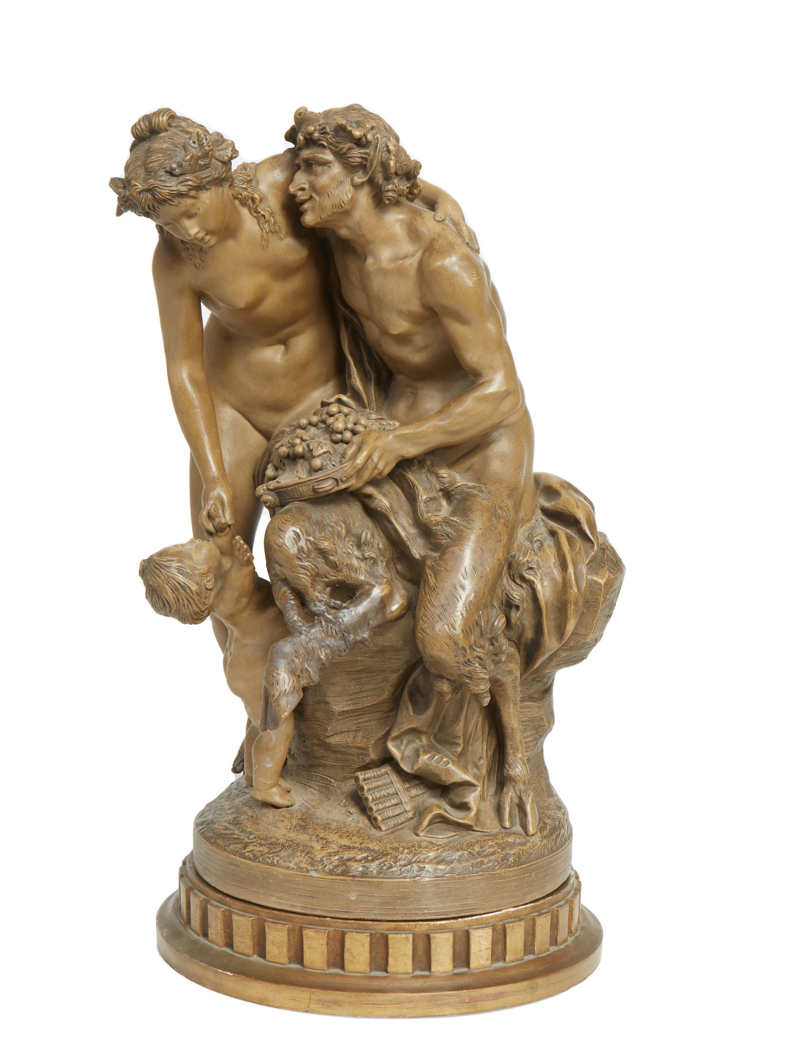 After Claude Michel Clodion (French, 1738-1814), "Satyr and Bacchante Offering Grapes to a Child,": After Claude Michel Clodion (French, 1738-1814), "Satyr and Bacchante Offering Grapes to a Child," 20th c., terracotta group, after the bronze original, presented on a fluted dentillated giltwood plin
