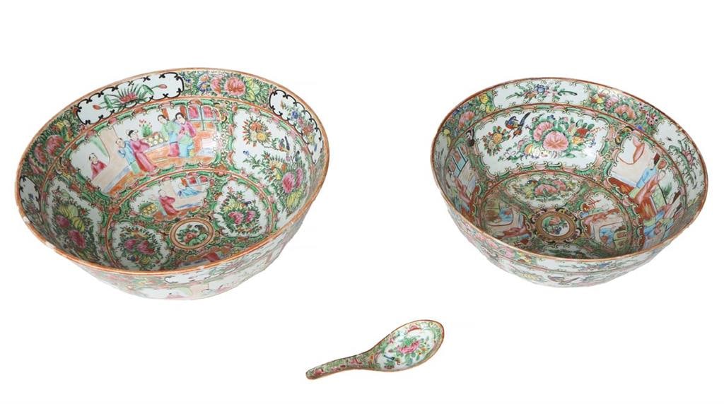Three Pieces of Chinese Famille Rose Porcelain, 19th c., consisting of two punch bowls, the: Three Pieces of Chinese Famille Rose Porcelain, 19th c., consisting of two punch bowls, the interiors with panel scenes of interiors, and birds and flowers, together with a Famille Rose porcelain soup