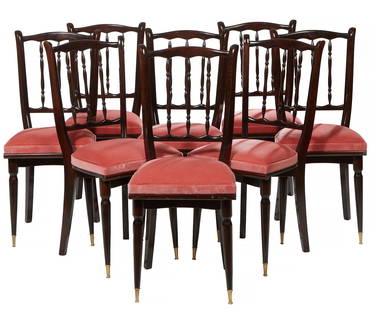 Eight Italian Art Nouveau Dining Chairs early 20th c., H.- 37 in., W.- 16 in., D.- 16 in. (8 Pcs.): Eight Italian Art Nouveau Dining Chairs early 20th c., the eight chiavari chairs with spindled back, tapered turned legs, on brass caps, H.- 37 in., W.- 16 in., D.- 16 in. (8 Pcs.)