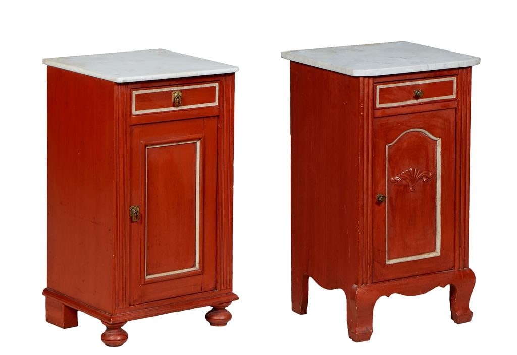Near Pair of Louis Philippe Style Polychromed Beech Nightstands, 20th c., one with a bowfront: Near Pair of Louis Philippe Style Polychromed Beech Nightstands, 20th c., one with a bowfront figured white marble over a frieze drawer and a long cupboard door, flanked by reeded pilasters, on a plin