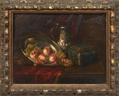 Continental School, "Still Life of Fruit with Silver Bowl and Pitcher," early 20th c., H.- 7 7/8: Continental School, "Still Life of Fruit with Silver Bowl and Pitcher," early 20th c., oil on board, signed indistinctly lower right, presented in a silvered frame, H.- 7 7/8 in., W.- 10 1/8 in., Fram