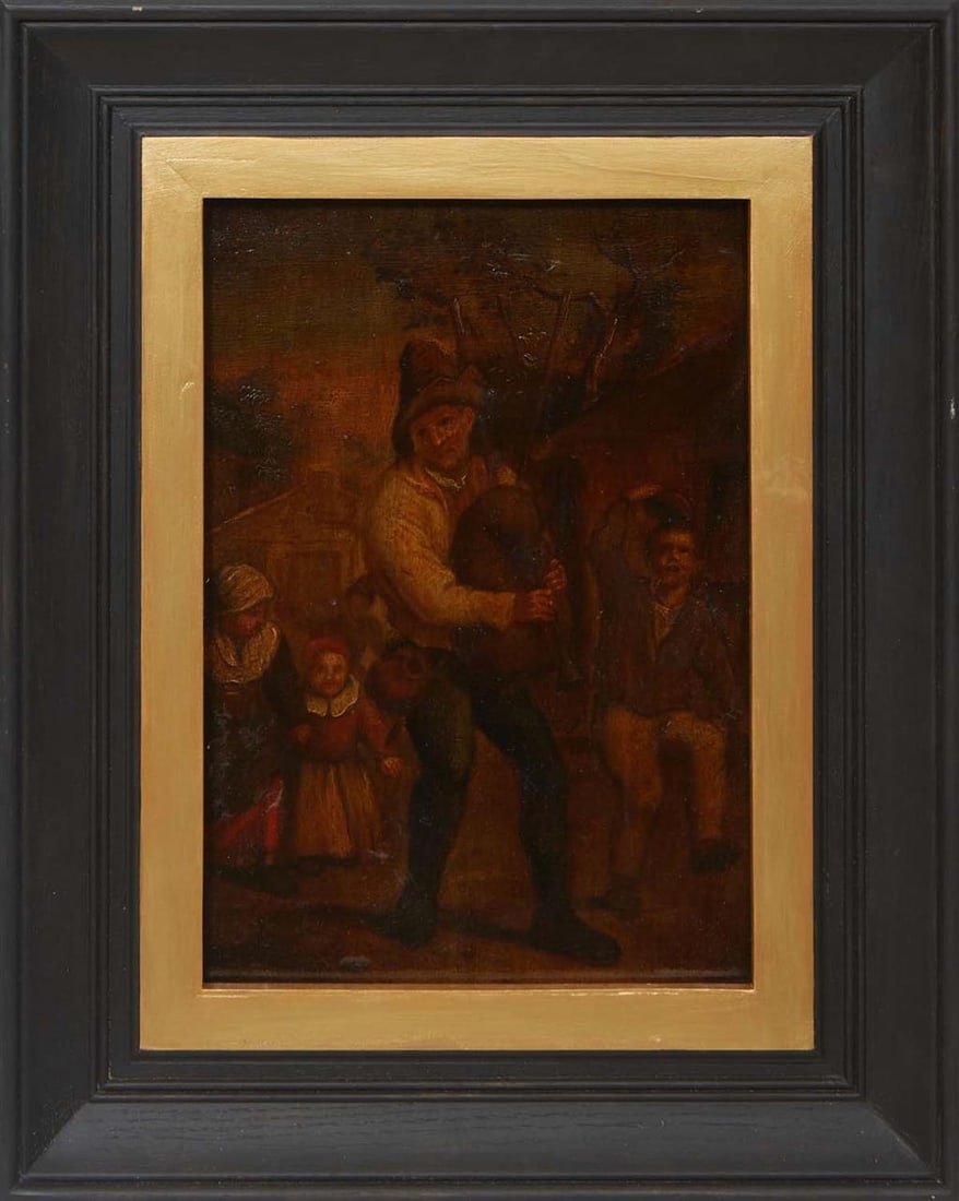 Continental School, "Bagpiper Surrounded by Children", H.- 16 7/8 in., W.- 11 5/8 in., Framed- H.-: Continental School, "Bagpiper Surrounded by Children", oil on board, unsigned, presented in a gilt and ebonized wood frame, H.- 16 7/8 in., W.- 11 5/8 in., Framed- H.- 25 1/4 in., W.- 20 1/4 in.