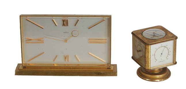 Two Gilt Brass Desk Clocks, 20th c., Angelus- H.- 5 1/4 in., W.- 9 in., D.- 2 in.; Gubelin- H.- 4: Two Gilt Brass Desk Clocks, 20th c., one by Angelus, ser. # 76694, together with a Gubelin rotating weather station, #883, with a clock, hygrometer, barometer, thermometer and a compass, Angelus- H.-