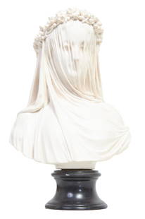 After Antonio Frilli (Italian, 1860-1902), "The Veiled Lady," 19th c.,: After Antonio Frilli (Italian, 1860-1902), "The Veiled Lady," 19th c., cast marble composite bust, wearing a garland of flowers on a circular cast socle, signed and inscribed 'Firenze' Italy en verso,