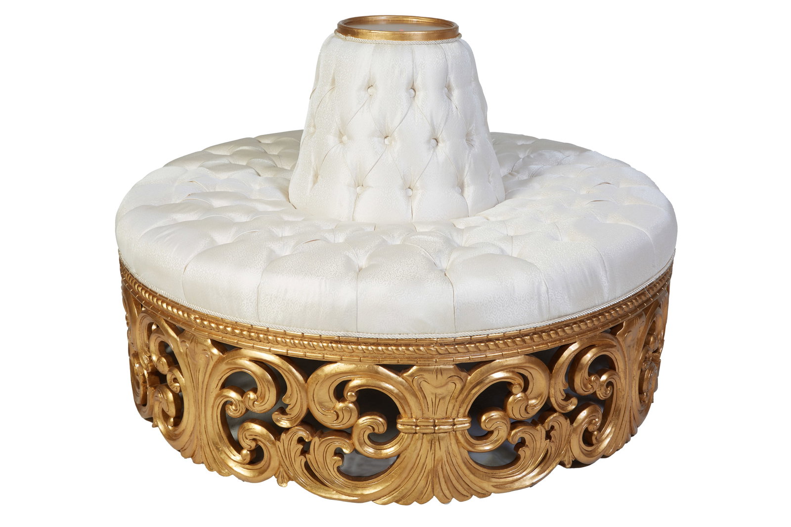 Victorian Style Giltwood Borne or Tete-a-Tete Circular Settee, 20th/21st c., H.- 41 in., Dia.- 60: Victorian Style Giltwood Borne or Tete-a-Tete Circular Settee, 20th/21st c., the tufted velvet cushioned seat with a central tapered cylindrical velvet back rest, on a pierced giltwood C-scroll skirt,