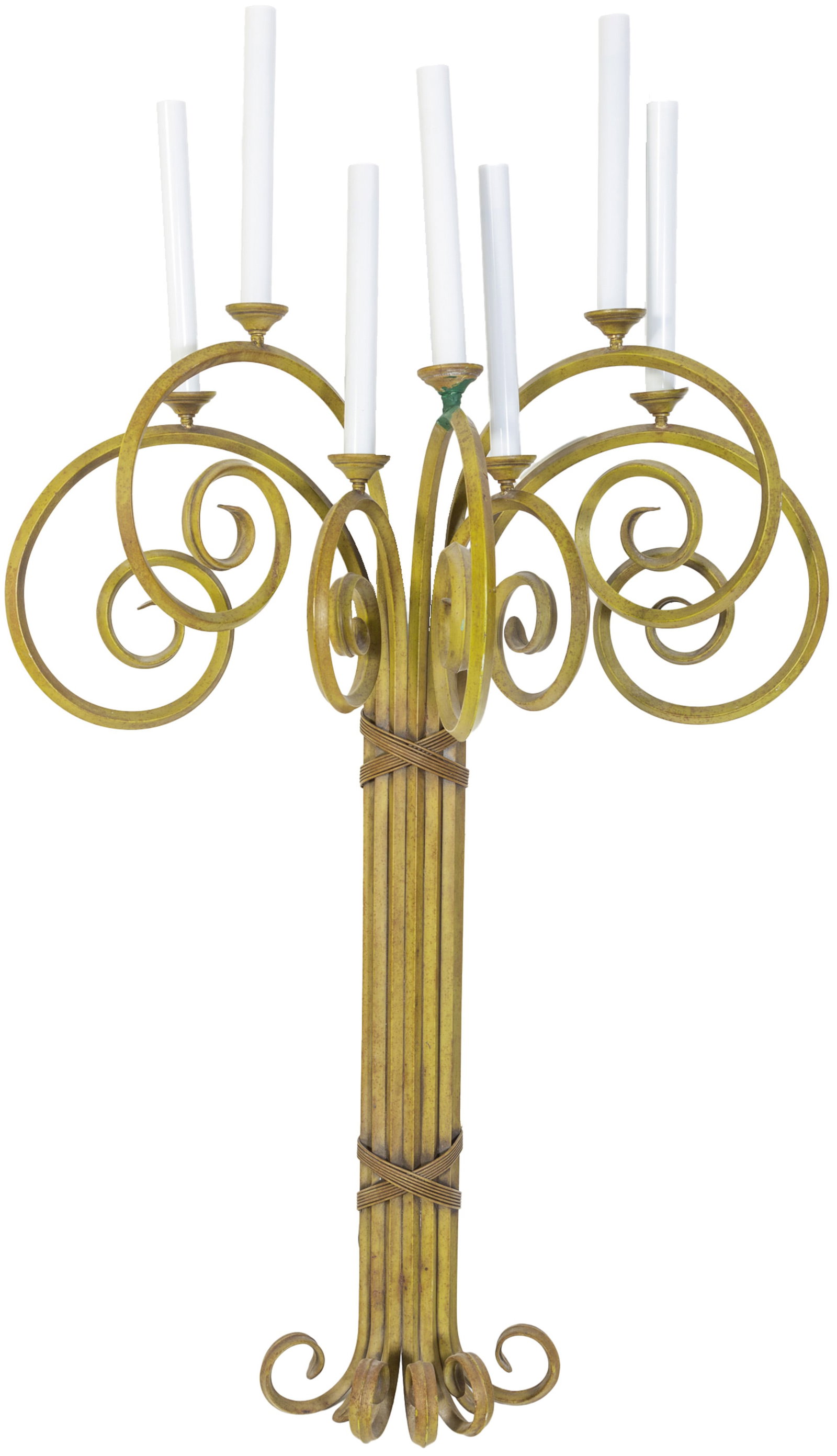 Large Mid Century Painted Iron Seven Light Wall Sconce, 20th c., H.- 63 in., W.- 35 in., D.- 18 1/4: Large Mid Century Painted Iron Seven Light Wall Sconce, 20th c., by Phyllis Morris, Beverly Hills, with seven faux candlesticks with tapered bobeches, on scrolled arms on a clustered bound support, wi