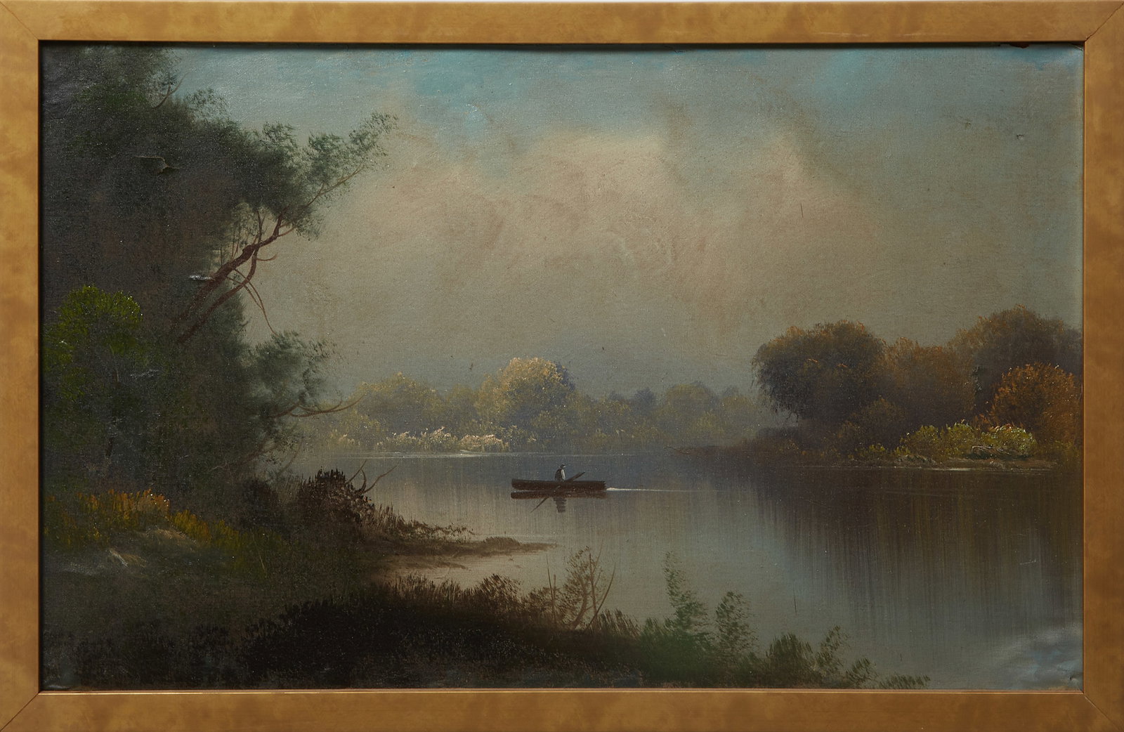 American School, "Boat on a Lake," late 19th c., H.- 14 in. W.- 22 in., Framed- H. 16 in., W.- 23: American School, "Boat on a Lake," late 19th c., oil on wood panel, unsigned, presented in a wood frame, H.- 14 in. W.- 22 in., Framed- H. 16 in., W.- 23 1/2 in.