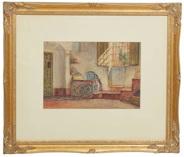 Ellsworth Woodward (American, 1861-1939), "New Orleans Interior Scene," 20th c., H.- 10 1/2 in., W.-: Ellsworth Woodward (American, 1861-1939), "New Orleans Interior Scene," 20th c., watercolor on paper, signed "E. Woodward" lower left, presented in a gilt and gesso frame, H.- 10 1/2 in., W.- 15 in.,