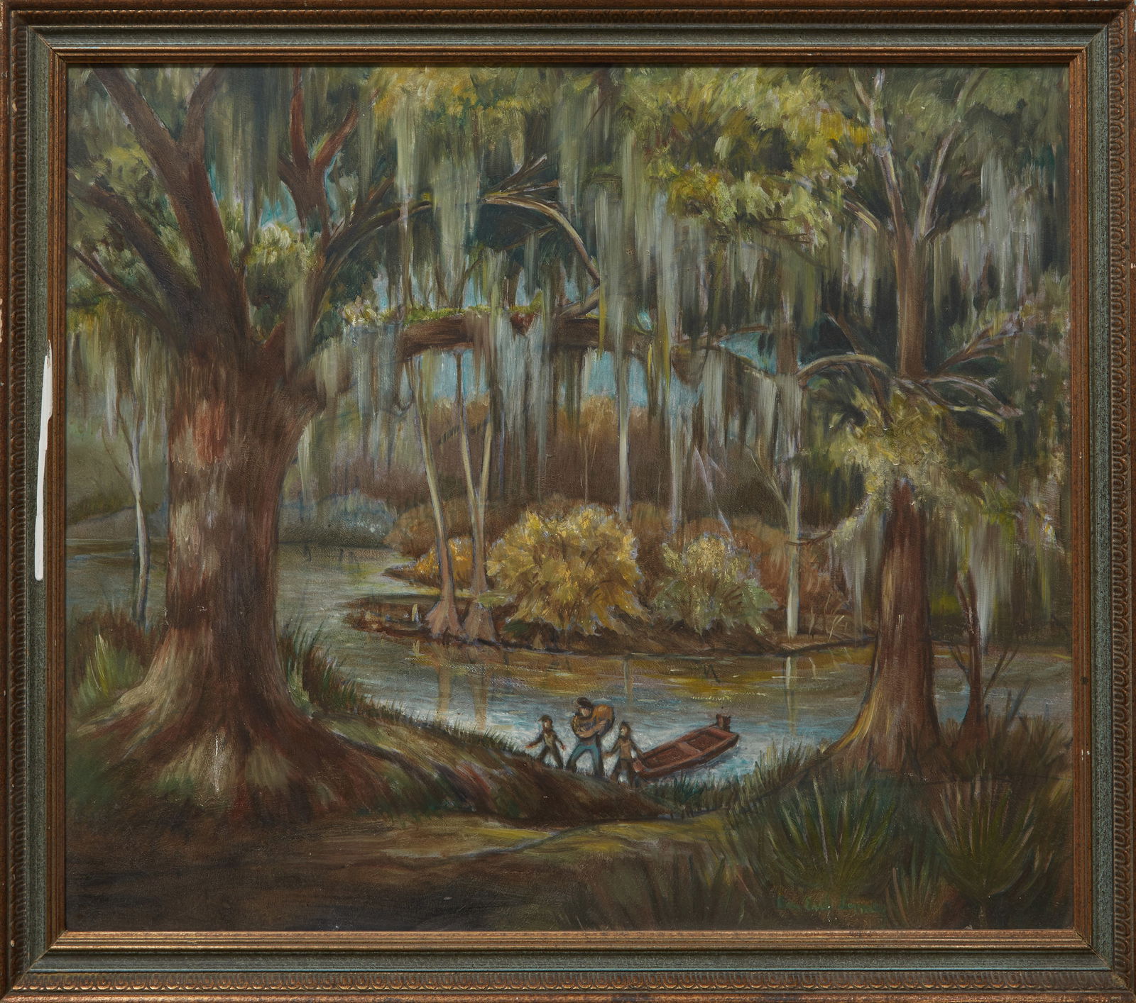 Ben Earl Looney (American/Louisiana, 1904-1981), "Swamp Scene with Figures Exiting a Pirogue," H.- (1 of 4)