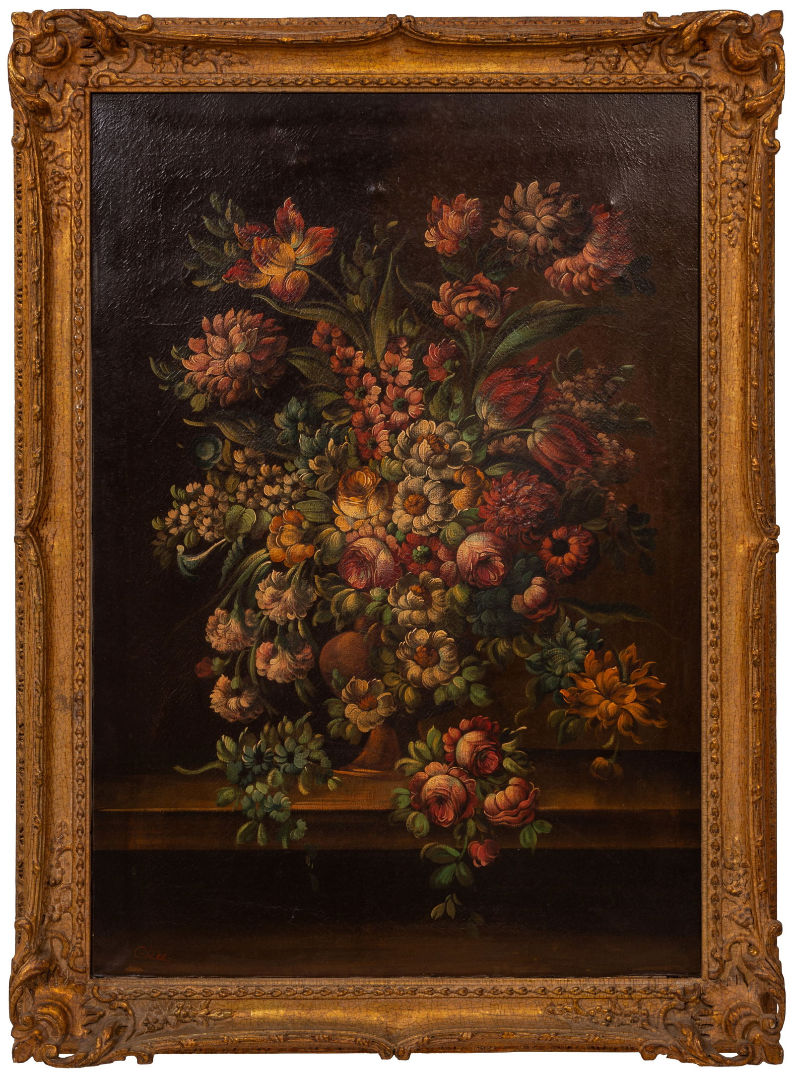 Continental School, "Floral Still Life," 19th c., H.- 39 in., W.- 27 in., Framed- H.- 45 1/4 in., (1 of 4)