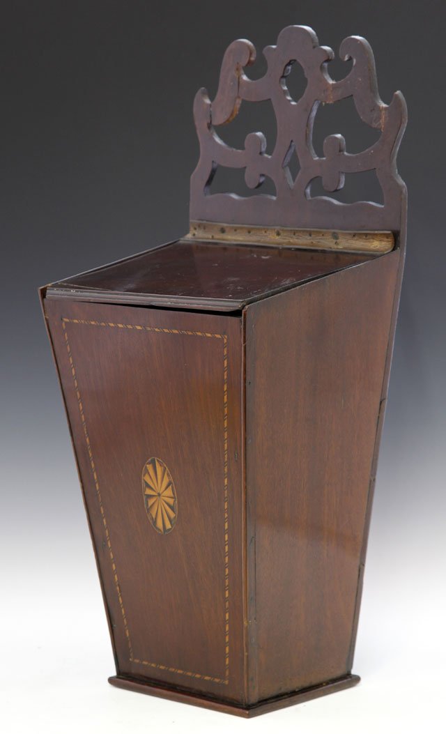 Georgian Inlaid Mahogany Candlebox, c. 1800, of squ: Georgian Inlaid Mahogany Candlebox, c. 1800, of square tapering form, with a pierced back crest, H.- 20 1/8 in., W.- 8 1/4 in., D.- 7 1/2 in.