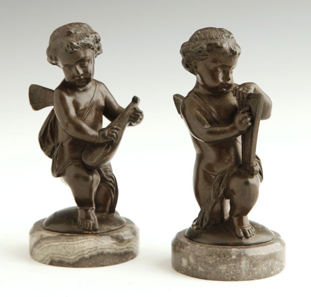 After August Moreau (1861-1906), "Musical Putti," : After August Moreau (1861-1906), "Musical Putti," 20th c., pair of bronzes, on highly figuired marble bases, H.- 5 3/8 in., Dia.- 2 1/8 in.