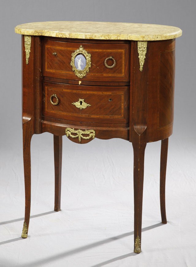 Inlaid Mahogany Kidney Shaped Marble Top Ormolu Mo: Inlaid Mahogany Kidney Shaped Marble Top Ormolu Mounted Lamp Table, c. 1900, the highly figured ochre marble over two drawers, the top drawer with an oval blue jasperware plaque, the whole on cabriole