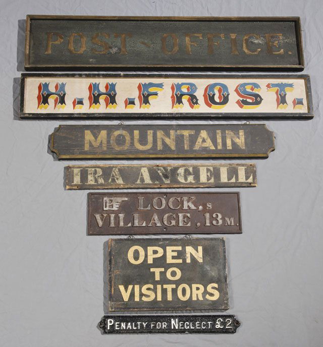 Group of Seven Signs, early 20th c.: "Open to Visi: Group of Seven Signs, early 20th c.: "Open to Visitors" wood sign; 'H. H. Frost" wood sign; "Post Office" wood sign; "Ira Angell's," wood sign; "Mountain" wood sign; "Lock's Village" iron sign; and "P