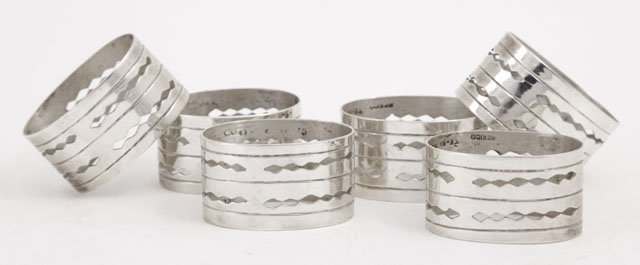 Group of Six Mexican Sterling Napkin Rings, mid 20: Group of Six Mexican Sterling Napkin Rings, mid 20th c., with pierced decoration, wt.- 4.09 troy oz. (6 Pcs.)