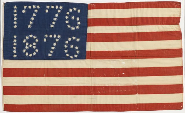 Rare 1876 United States Centennial Parade Flag, c: Rare 1876 United States Centennial Parade Flag, commemorating the centennial of the U. S., the numbers 1776 and 1876 each composed of five pointed stars, shrink wrapped, H.- 28 in., W.- 46 in.