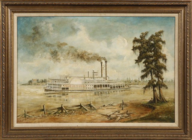 James Hussey (1931- , New Orleans), "The Riverboat: James Hussey (1931- , New Orleans), "The Riverboat City of Baton Rouge," 1975, oil on canvas, signed and dated l.r., framed, H.- 24 in., W.- 36 in.
