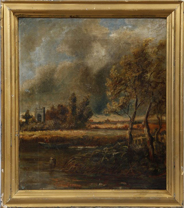 In the Manner of John Constable (1776-1837), "Boat: In the Manner of John Constable (1776-1837), "Boating on the River Beneath a Cloudy Sky," early 19th c., oil on canvas, presented in a 19th c. gilt and gesso frame, H.- 14 in., W.- 12 in.