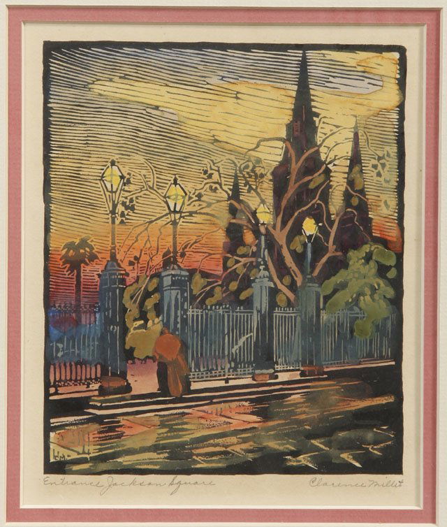 Clarence Millet (1897-1959), "Entrance Jackson Squ: Clarence Millet (1897-1959), "Entrance Jackson Square," hand colored woodcut print, pencil titled l.l. margin, pencil signed l.r. margin, framed, H.- 7 3/8 in., W.- 6 in.