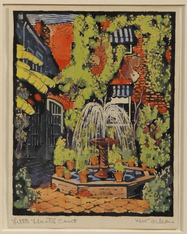 Clarence Millet (1897-1959), "Little Theater Court: Clarence Millet (1897-1959), "Little Theater Court," hand colored woodcut print, pencil titled l.l. margin, pencil marked "New Orleans" l.r. margin, framed, H.-7 1/8 in., W.- 5 3/8 in..
