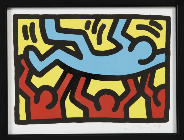 Keith Haring (1958-1990), "Untitled," 1987, print: Keith Haring (1958-1990), "Untitled," 1987, print in colors, 6/100, pencil numbered, signed and dated l.r. margin, framed, H.- 10 1/2 in., W.- 14 1/8 in.