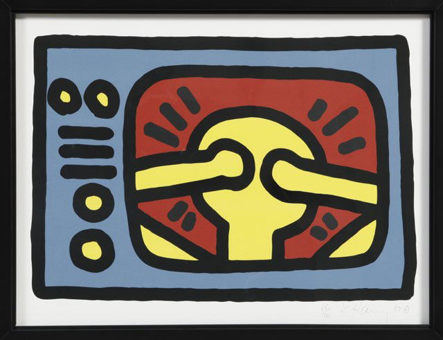 Keith Haring (1958-1990), "Untitled," 1987, print: Keith Haring (1958-1990), "Untitled," 1987, print in colors, 66/100, pencil numbered, signed and dated l.r. margin, framed, H.- 10 1/2 in., W.- 14 1/8 in.