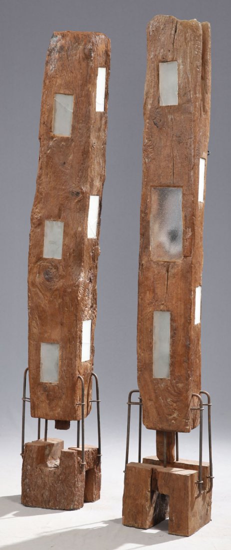 Pair of Unusual Three Light Floor Lamps, 20th c.,: Pair of Unusual Three Light Floor Lamps, 20th c., constructed from rectangular logs, the bulbs behind frosted panels, on wood and iron bases, H.- 79 in., W.- 13 in., D.- 10 1/2 in.