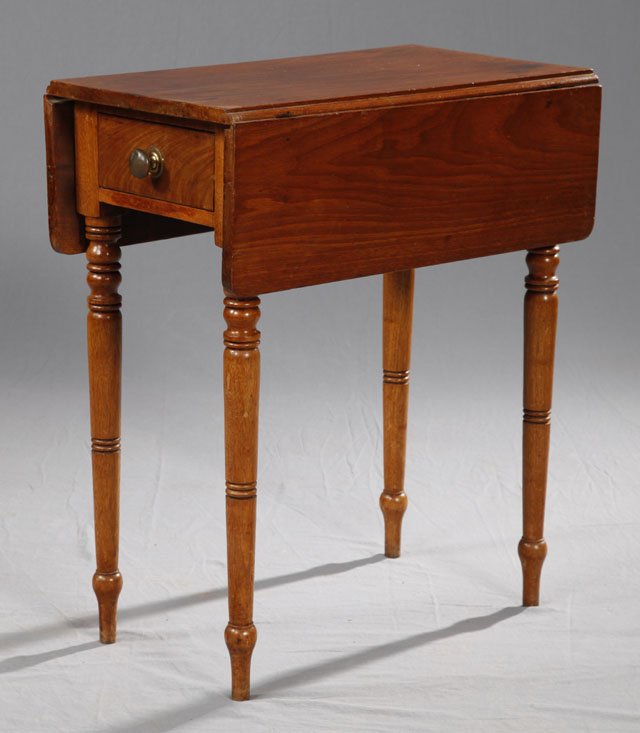 Diminutive English Carved Mahogany Drop Leaf Tabl: Diminutive English Carved Mahogany Drop Leaf Table, 19th c., one side with a drawer, the other a faux drawer, the whole on tapered ring turned legs, H.- 22 in., W.- Closed- 14 1/2 in., Open- 28 in., D