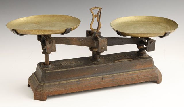 Cast Iron and Brass Balance Scale, 19th c., H.- 9 : Cast Iron and Brass Balance Scale, 19th c., H.- 9 1/2 in., W.- 20 3/4 in., D.- 8 in.