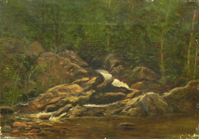 David Johnson (1827-1908, American), "Forest Land: David Johnson (1827-1908, American), "Forest Landscape with Stream," 1887, oil on canvas, signed "D" l.l., dated l.r., unframed, H.- 10 in., W.- 14 in.