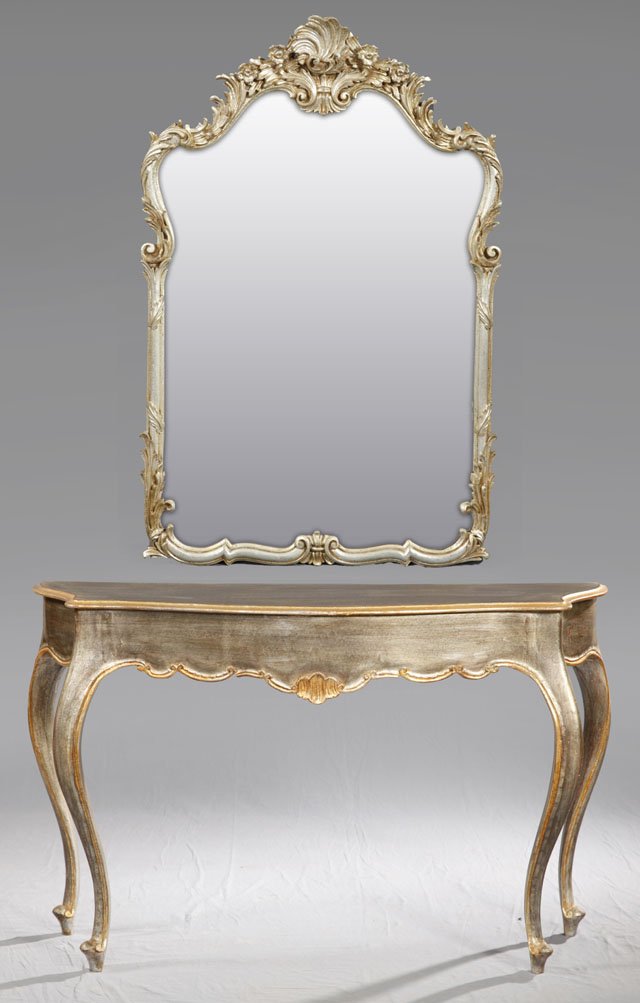 Italian Louis XV Style Style Carved Wood Silvered: Italian Louis XV Style Style Carved Wood Silvered Mirror and Console Table, 20th c., the mirror with an arched shell, scroll and floral carved crest, over a shaped frame with scroll and relief decorat