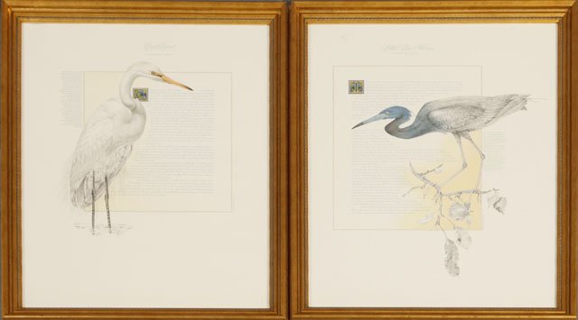 Bernard Loates (1945-), "Little Blue Heron," and : Bernard Loates (1945-), "Little Blue Heron," and "Great Egret," 1987, pair of colored prints, presented in gilt frames, H.- 25 1/2 in., W.- 20 in.