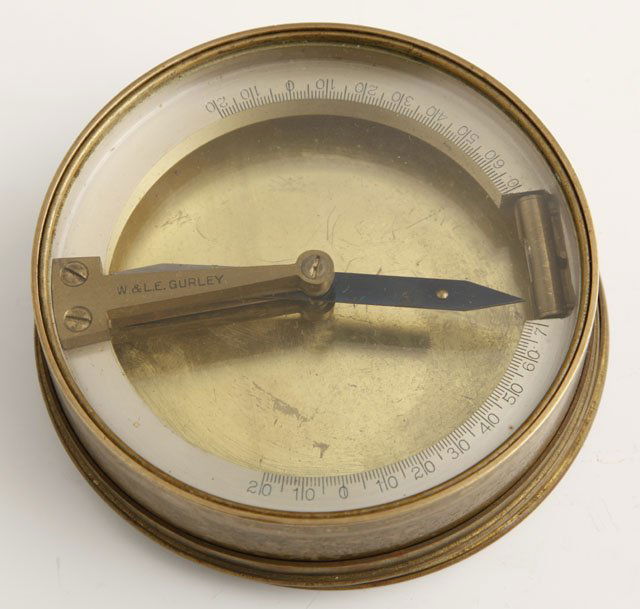 Brass Surveyor's Compass, early 20th c., in a cov: Brass Surveyor's Compass, early 20th c., in a covered case, by W. and L. E. Gurley, H.- 1 in., Dia.- 4 in.