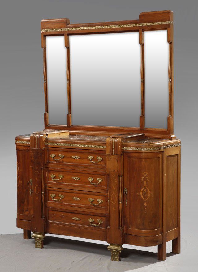 Unusual French Brass Mounted Inlaid Carved Mahoga: Unusual French Brass Mounted Inlaid Carved Mahogany Three Piece Bedroom Suite, c. 1903, consisting of a marble top dresser and a pair of matching beds, the dresser with a brass mounted triple plate mi
