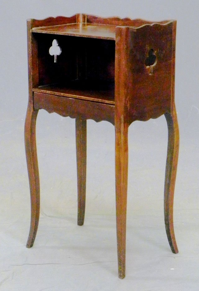 Louis XV Style Carved Fruitwood Night Stand, earl: Louis XV Style Carved Fruitwood Night Stand, early 20th c., the 3/4 galleried top over open storage above a bottom drawer with a shaped skirt, the whole on cabriole legs, H.- 29 3/4 in., W.- 15 7/8 in