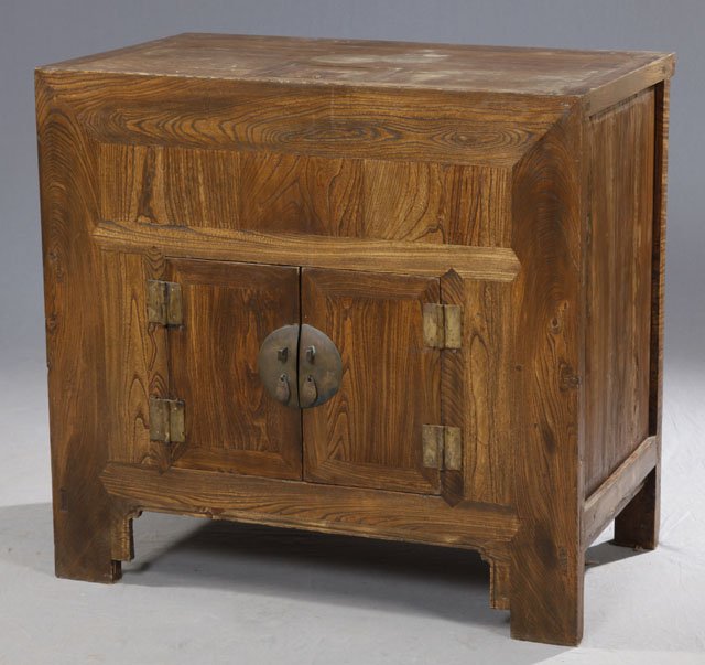 Unusual Chinese Carved Elm Ice Box, c. 1900, the: Unusual Chinese Carved Elm Ice Box, c. 1900, the upper section for ice, over a shelved double cupboard, the whole on block feet, H.- 35 1/2 in., D.- 23 1/2 in.