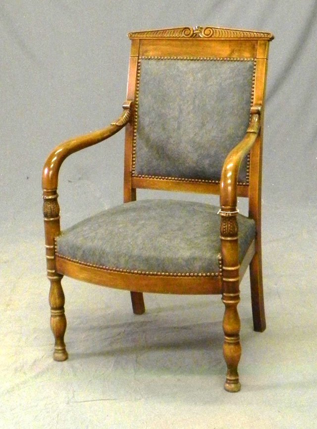 Empire Style Carved Beech Upholstered Armchair, 2: Empire Style Carved Beech Upholstered Armchair, 20th c., the peaked crest over leaf carved arms, to a bowed seat, the whole on turned legs, H.- 36 1/2 in.