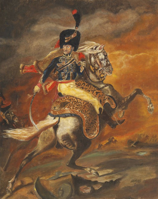 James Stoetzner, "Mounted Officer of the Imperial: James Stoetzner, "Mounted Officer of the Imperial Guard," 1997, oil on board, after Theodore Gericault, signed and dated l.r., titled, signed and dated verso, unframed, H.- 16 in., W.- 20 in.