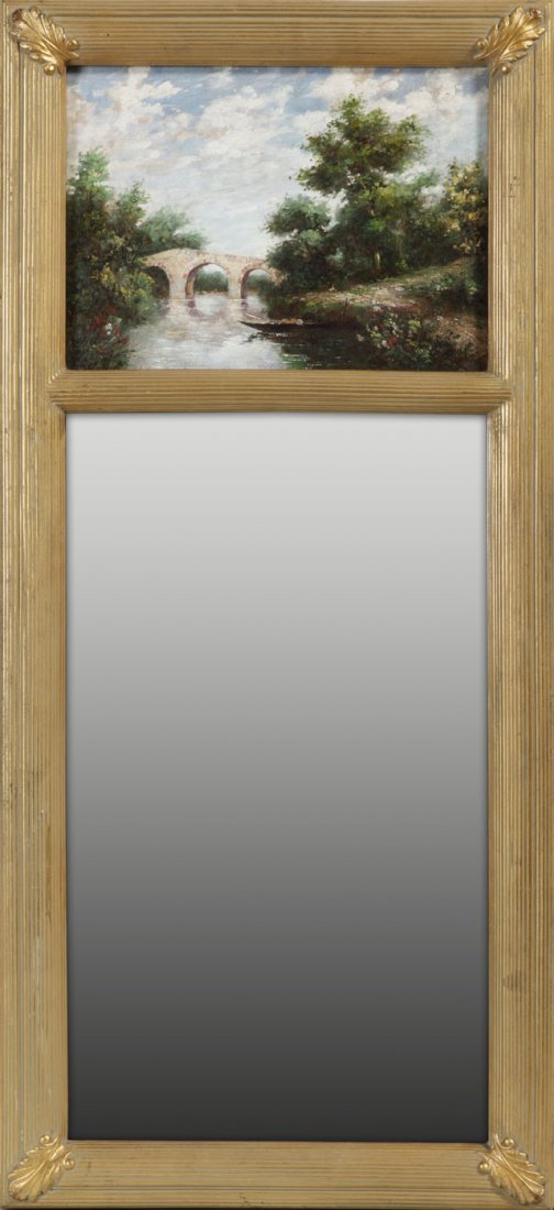 Trumeau Mirror, 20th c., the upper section with a: Trumeau Mirror, 20th c., the upper section with an oil on canvas of a river with a stone bridge, over a beveled plate, within a reeded frame with relief leaf corners, H.- 45 1/2 in., W.- 20 3/8 in.