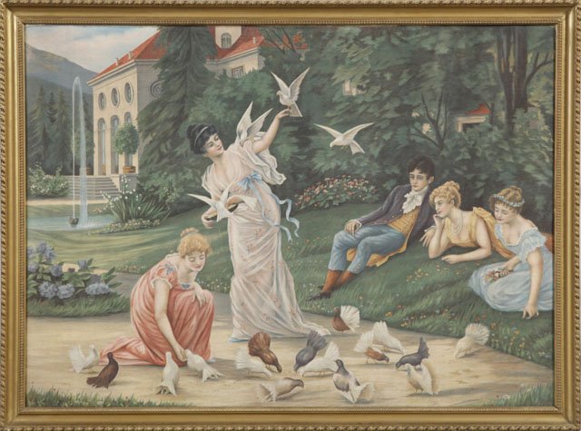 Continental School, "French Garden Scene," late 1: Continental School, "French Garden Scene," late 19th c., oil on linen, monogramed l.r. "OM," framed, H.-32 3/4 in., W.- 45 1/2 in.