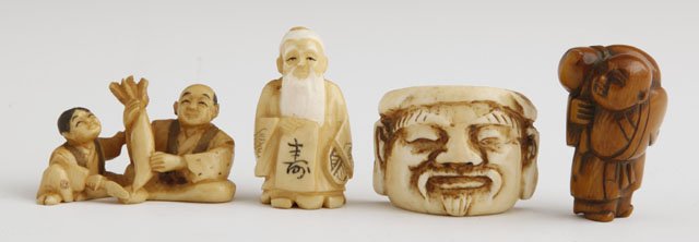Group of Four Carved Ivory Pieces, early 20th c.,: Group of Four Carved Ivory Pieces, early 20th c., consisting of three netsukes, and a figural group of people holding a vegetable, each signed. (4 Pcs.)